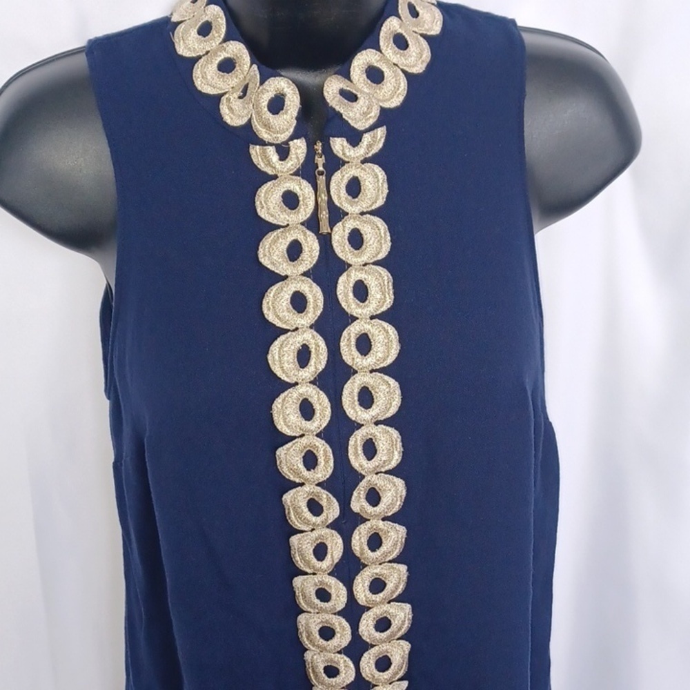 Lily Pulitzer Navy Mini Dress, Gold Trim, Sz 2, 18" PTP, 32" Long, Front Zip - Picture 2 of 7